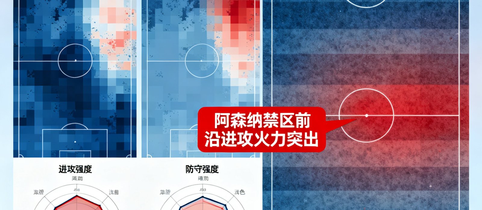 英超赛季数据热力图与球队攻防雷达图对比，以颜色深浅展示各球队在不同区域的攻防强度分布，阿森纳禁区前沿进攻火力突出